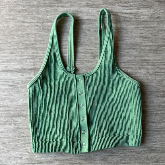 Aerie Ribbed Tank Top Sea Foam Green Size M Button Front Cropped - Picture 1 of 5